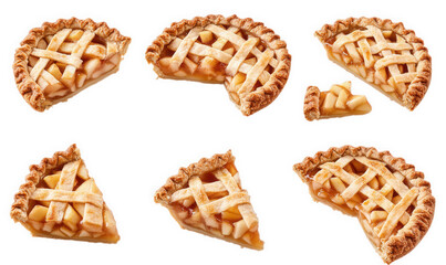 six pieces of freshly baked apple pie. one whole pie. one with a slice cut out. two quarters. and three slices. isolated on a transparent background