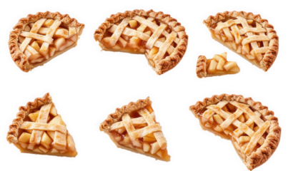 six pieces of freshly baked apple pie. one whole pie. one with a slice cut out. two quarters. and three slices. isolated on a transparent background