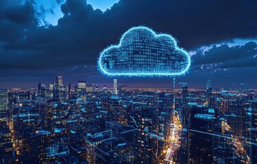 A cloud with binary code floating above an urban skyline at night, symbolizing the interconnected nature of technology and global data transfer Generative AI