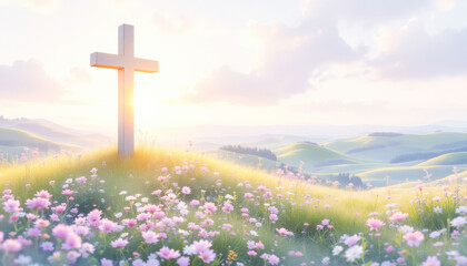 A serene sunrise over a hill featuring three wooden crosses, surrounded by blooming flowers and gentle rays of light, symbolizing resurrection and hope.
