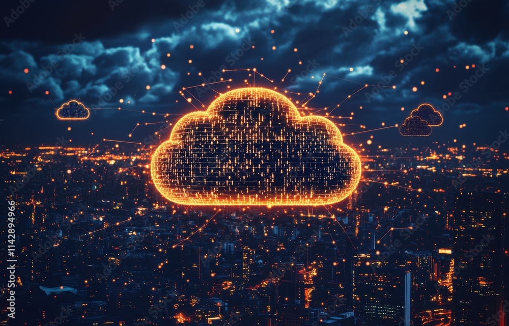 Poster a cloud icon with binary code floating above an urban skyline at night, symbolizing the interconnect