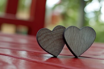 A pair of wooden hearts sit atop a bright red table, perfect for Valentine's Day or romantic gestures