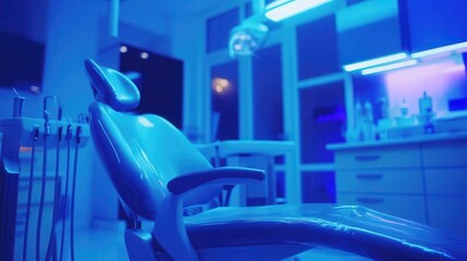 modern dental clinic featuring a well-equipped dentist chair, bright blue medical lighting creating a calm and professional environment
