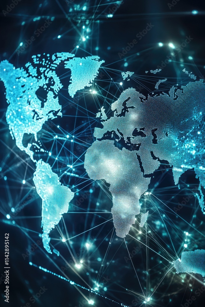 Poster a map of the world on a dark background, useful for presentations and infographics