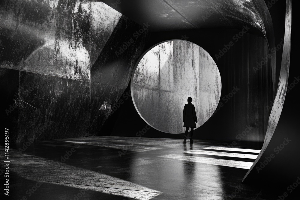 Aufkleber A person stands in a tunnel looking out at a large circular window
