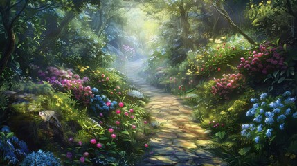 A stroll down a narrow path surrounded by flowers and greenery.