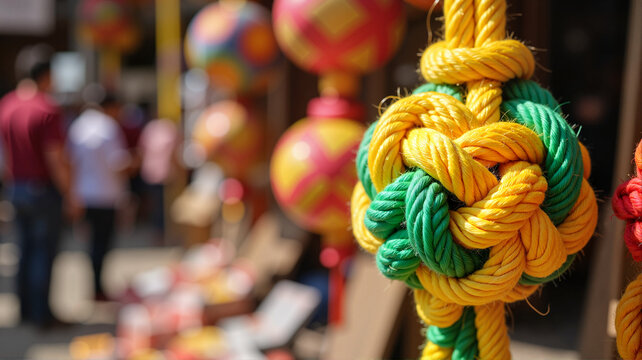Vivid yellow and green ropes knots at a colorful outdoor market display