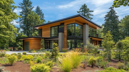 modern luxury home exterior featuring sleek lines and expansive glass windows, situated in a lush landscape, epitomizing sophisticated real estate design and elegance