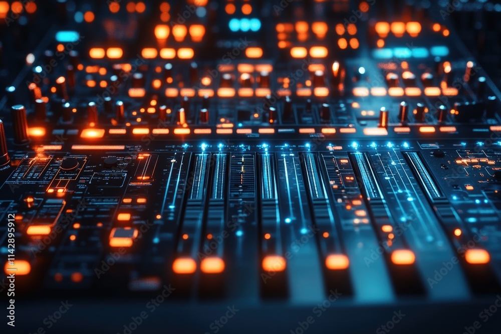 Poster a close-up of a sound board with orange and blue lights, ideal for use in music or audio-related pro