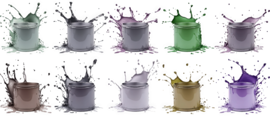 nine paint cans with different colors and splashes on a transparent background the colors are light green. gray. purple. green. brown. lavender. silver. gold. and purple