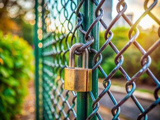 Secure Steel Chain Link Fence Gate with Padlock - High Depth of Field Security Yard Gate Lock