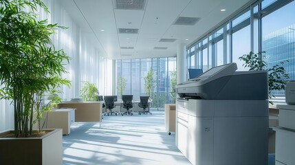 modern photocopier in a bright office space, showcasing sleek design and functionality, emphasizing the efficiency of contemporary workplace technology