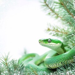 Obraz premium Green snake against the background of a snow-covered fir tree, on white background, empty white frame for text, copy space. Symbol of 2025 year of the Snake, picture for postcard and poster calendar