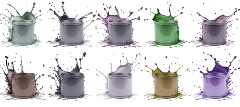 nine paint cans with different colors and splashes on a transparent background the colors are light green. gray. purple. green. brown. lavender. silver. gold. and purple