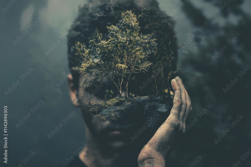 Poster a person holds a tree branch in front of their face, concealing their identity
