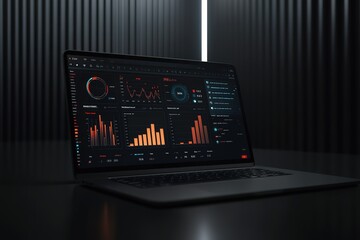 A laptop computer with a black screen and a red bar graph