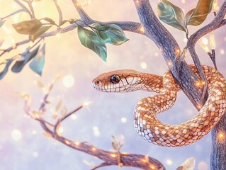 Obraz premium dragon on the tree, Cute 3D cartoon snake with glitter and sparkle on scales on a tree branch, against the backdrop of New Year's lights, on a light background