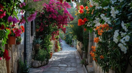 A stroll down a narrow path surrounded by flowers and greenery.