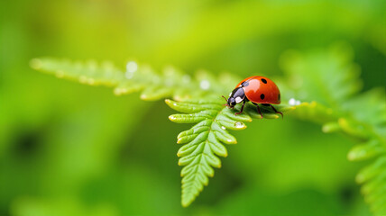 Close-up of a ladybug on a vibrant green fern leaf outdoors