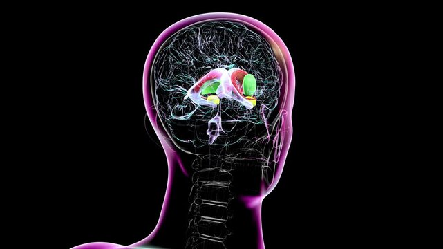 3D animation of a rotating brain highlighting the caudate nucleus (red), putamen (green), amygdala (yellow), and ventricles (purple transparent). 