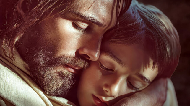 Jesus Christ embraces a young man with compassion in a serene, softly lit moment of connection