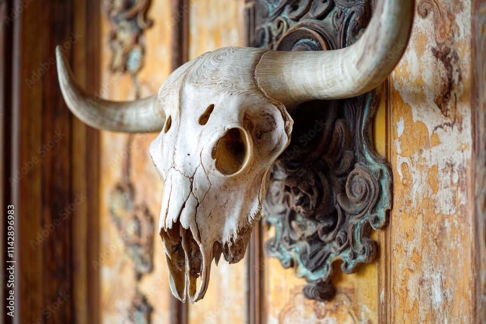 Poster a cow skull mounted on the side of a wooden door, adding rustic charm to any setting