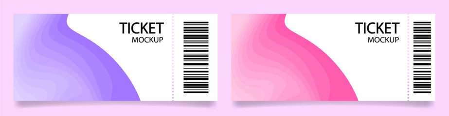Obraz premium Ticket mockups with bar codes and shadows. Background template with purple and pink abstract pattern. Concert, movie or theater ticket. Boarding blank, lottery, sale coupon