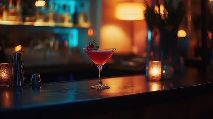 moody cosmopolitan cocktail in a dimly lit bar, enveloped in a warm, cozy atmosphere, perfect for late-night relaxation and social gatherings
