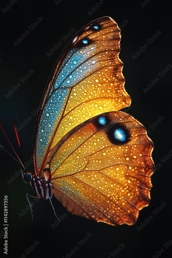 Poster a macro shot of a butterfly's wings covered in water droplets, emphasizing texture and detail