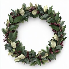 Fototapeta premium A beautifully crafted wreath made of green holly leaves, berries, and pine, perfect for holiday decorations or seasonal projects, Ideal for marketing, home decor, or crafting ideas,