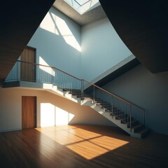 Obraz premium Home building interior empty room design staircase concrete top wood stainless steel handrails wood concrete design wood design concrete architecture wall floor modern