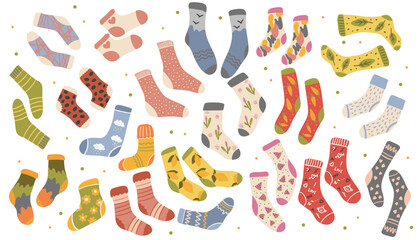 Big collection of trendy cotton, nylon, woolen, and sports socks with different patterns and textures. isolated flat illustrations on a white background. 