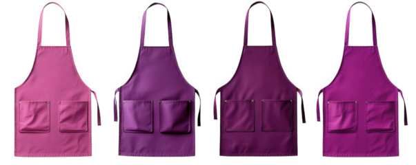 four different shades of purple aprons with two pockets on each the aprons have adjustable straps
