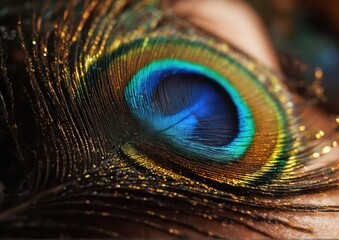 Obraz premium Macro Peacock Iridescent Eye on Dark Background. High-Detail Photography for Art and Nature Design. Educational and Scientific Use 