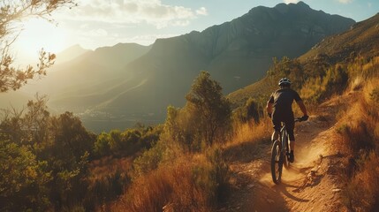 Obraz premium mountain biker navigating a thrilling downhill trail, surrounded by nature's beauty, embodying the spirit of adventure and outdoor recreational activities in an exhilarating setting