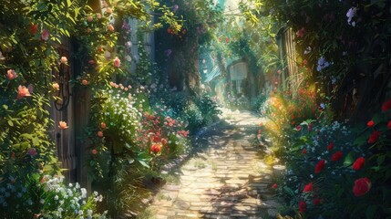 A stroll down a narrow path surrounded by flowers and greenery.