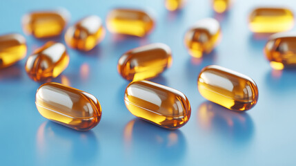 Multivitamin capsules scatter across a vibrant blue surface in a sleek and modern arrangement reflecting health and vitality