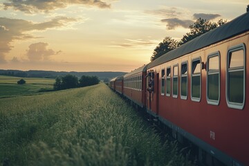 Obraz premium A red train is traveling down a track through a field