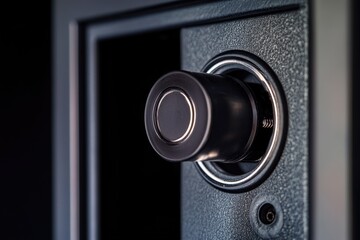 A detailed view of a metallic door handle with slight wear and tear