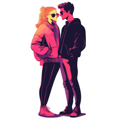 Couple with Neon-Inspired Style Watercolor Flat Illustration | Futuristic Fashion Artwork for Logos & Digital Designs  
