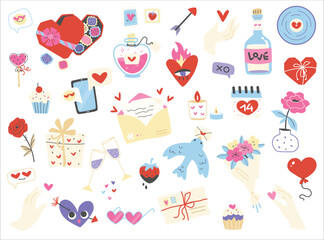 Romantic elements for Valentine's Day. Cute set for lovers. Hearts, sweets, gifts, messages and letters with declaration of love