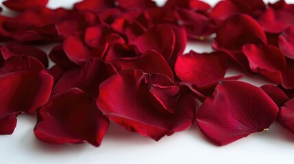 Close-up view of red rose petals scattered on a clean white surface, suitable for romantic and wedding-themed designs