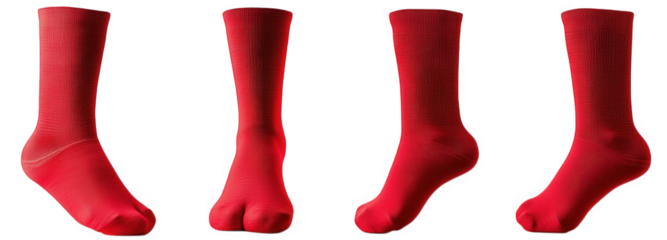 four views of a pair of red socks on a transparent background the socks are made of cotton and have a ribbed texture