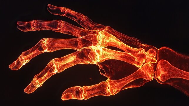 Detailed view of a skeletal hand illuminated against a dark background