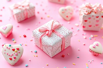 A small gift box surrounded by small hearts and sprinkles on a bright pink background