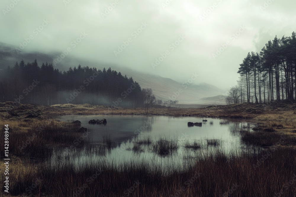 Poster a serene natural scene with a small pond surrounded by tall grass and trees