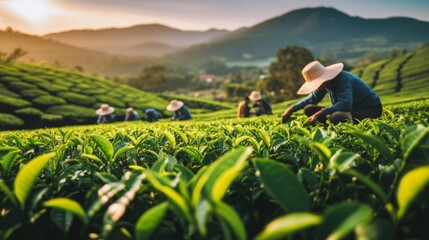 Fototapeta premium Workers Harvesting Tea Leaves in Scenic Plantation