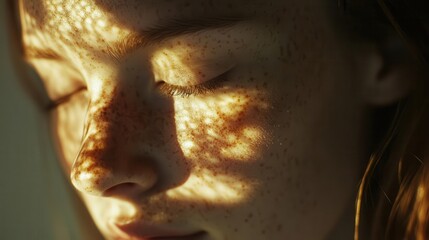 Obraz premium natural beauty of a young woman with freckles illuminated by sunlight, creating a play of light and shadow across her face, embodying the essence of tranquility and authenticity