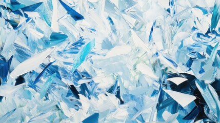 Obraz premium Dynamic shards of broken glass in icy blue, clear white, and shimmering silver scatter chaotically, forming sharp geometric patterns. The reflective surfaces create a sense of motion