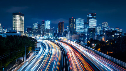 Obraz premium Nighttime city skyline with illuminated buildings and traffic trails, urban nocturne. Nocturne. Illustration